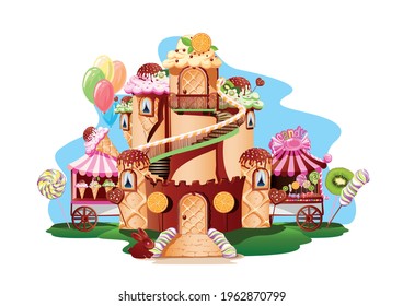 Sweet castle in the candy land. Sweet fairy tale vector illustration on white background for creating a poster, flyer or card