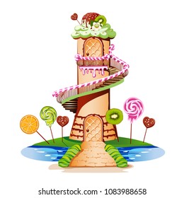 Sweet castle with a cream-colored roof and a piece of candy. Fairytale vector illustration.