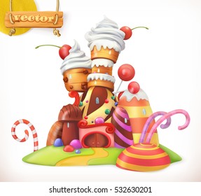 Sweet castle. Gingerbread house. Cake, cupcake, candy. 3d vector icon