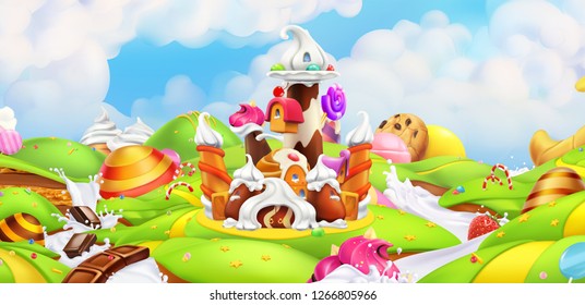 Sweet castle. Panorama landscape, vector background