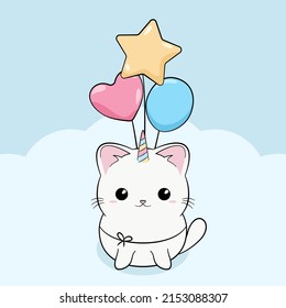 Sweet cat and baloons. Vector illustration of a cute white cat with unicorn horn in kawaii style. Little kitty like unicorn on light blue background.