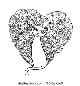 Sweet cat dreaming for love, wit heart shaped flower flat lay in her background, vector design for adult colouring book, blake and white zentagle for St. Valentine day.