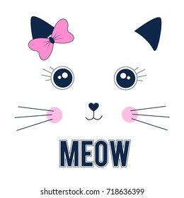 Sweet cat face print design with slogan. Vector illustration design for fashion fabrics, textile graphics, prints.