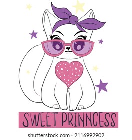 Sweet cat. Fashion illustration cat and slogan. Trend moda print