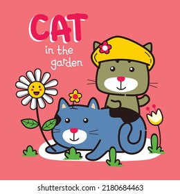 sweet cat in the garden funny animal cartoon