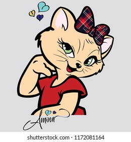 Sweet cat has fabric patterned ribbon with around blue and yellow hearts on grey background. Vector illustration.
