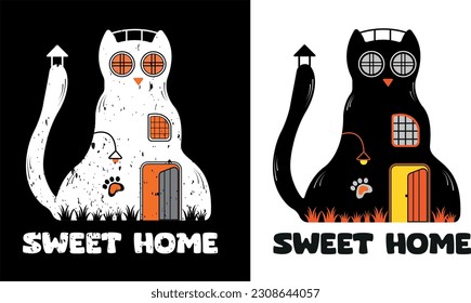 Sweet Cat Home illustration. Cat shape House design for T-shirt. Home Sweet Home.