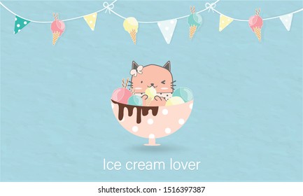 sweet cat ice cream lover.kawaii food paper cover banner.blue background cute flag design.happy greeting card cafe.bakery product party holiday celebration.chocolate yummy cold dessert.polka dot glass