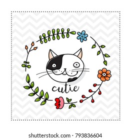 Sweet cat portrait in a floral wreath