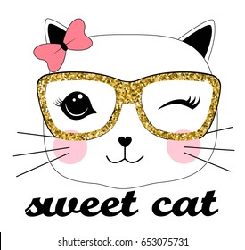 Sweet cat print design with slogan. Vector illustration design for fashion fabrics, textile graphics, prints.