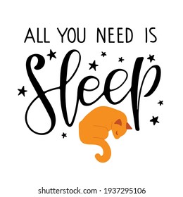 Sweet cat sketch with inscription about lack sleep. Cartoon kitty sleeping with lettering. Modern brush calligraphy. Sublimation for mug, t-shirt, sticker, brochure, poster. Nursery Wall art decor.