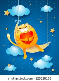 Sweet cat sleeping over the moon, fantasy illustration. Vector