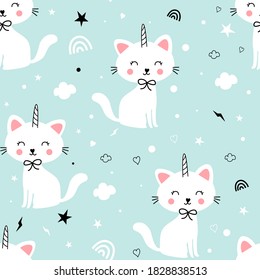 Sweet cat and unicorn horn print design seamless. Vector illustration design for fashion fabrics, textile graphics, prints.