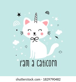 Dulce gato y unicornio diseño de la huella de cuerno con eslogan. Diseño de ilustraciones vectoriales para telas de moda, gráficos textiles, impresiones.