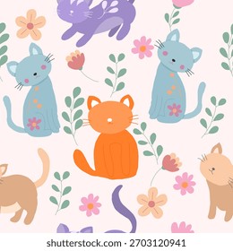 Gatos doces e padrão sem emenda botânico