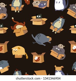  Sweet cats vs boxes. Seamless pattern. Vector illustration. Color background