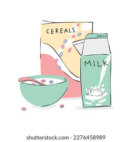 Sweet cereal and fresh milk for breakfast. Drawn vector illustration for design isolated on white background.