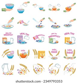 Sweet cereal and fresh milk for breakfast. hand drawn style vector illustration design.