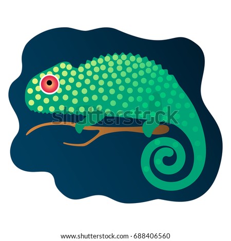 A sweet chameleon is sitting on a branch. Flat vector isolated on white background