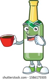 Sweet champagne green bottle cartoon character with a cup of coffee