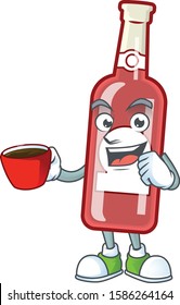Sweet champagne red bottle cartoon character with a cup of coffee