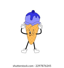 Sweet character mascot. Trendy ice cream. Groovy frozen gelato. 60s - 70s tasty cartoon food. Vector illustration in disco style