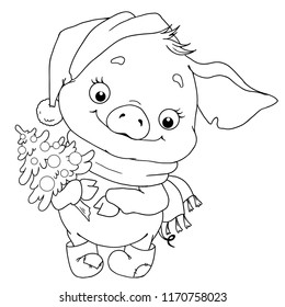 Sweet character of a pig. Piglet with herringbone. Chinese horoscope. Vector illustration isolated. Zodiac. Coloring book.