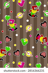 A sweet and charming seamless textile pattern featuring adorable cartoon teddy bears holding heart-shaped balloons, colorful bear faces, polka-dot hearts, and 