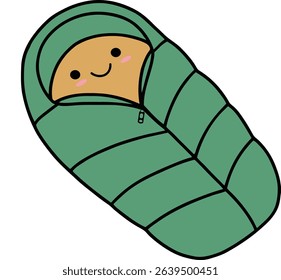 A sweet and charming vector illustration of a cute baby, rendered in a "kawaii" style, tucked snugly inside a green sleeping bag with a friendly smile.