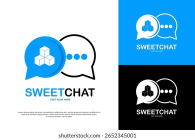 Logotipo de Sweet Chat con cubitos de azúcar en una burbuja de discurso, ideal para App de comunicación amigables.