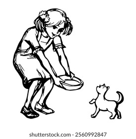 Sweet cheer joy kind smile young teen rural lady sit hold treat shelter purr fur breed baby paw fun white floor. Old garden park nature help relax milk plate doodl sketch line art hand drawn sign icon