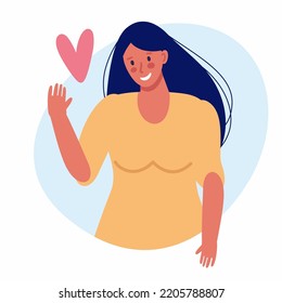 A sweet, cheerful girl greets and waves greetings