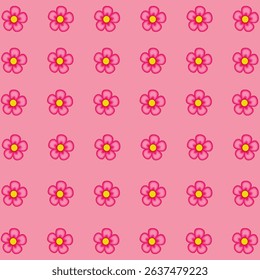 A sweet and cheerful seamless pattern featuring rows of vibrant pink flower emojis with bright yellow centers, set against a soft pink background. This charming and playful design evokes feelings 