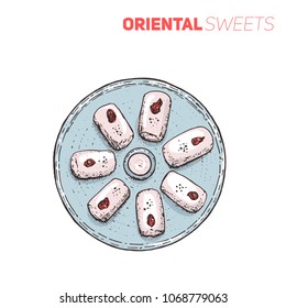 Sweet cheese rolls (Halawet el Jibn) vector illustration. Traditional dessert. Top view dish.