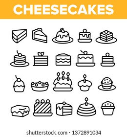 Sweet Cheesecakes, Bakery Linear Vector Icons Set. Pastry Thin Line Contour Symbols Pack. Birthday Party Cakes, Biscuits, Pies. Dessert Cookies. Confectionery Outline Illustrations Collection