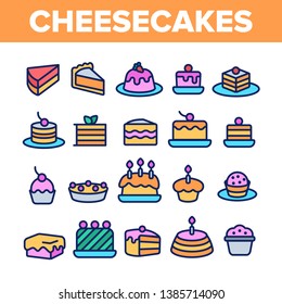 Sweet Cheesecakes, Bakery Linear Vector Icons Set. Pastry Thin Line Contour Symbols Pack. Birthday Party Cakes, Biscuits, Pies. Dessert Cookies. Confectionery Outline Illustrations Collection