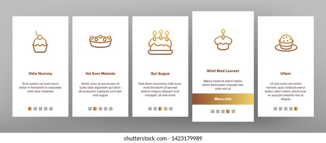 Sweet Cheesecakes, Bakery Vector Onboarding Mobile App Page Screen. Pastry. Birthday Party Cakes, Biscuits, Pies. Dessert Cookies. Confectionery Illustrations