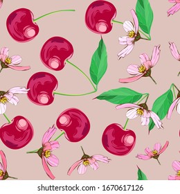 Sweet cherries. Beautiful summer pattern with cherries
