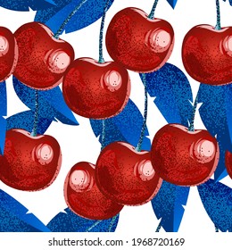 Sweet cherries. Beautiful summer pattern with cherries. Seamless vector illustration of ripe cherries. Berries with stems and green leaves