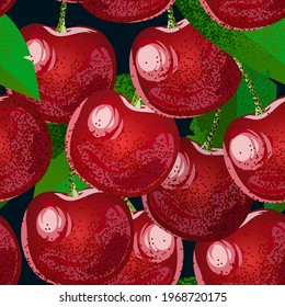 Sweet cherries. Beautiful summer pattern with cherries. Seamless vector illustration of ripe cherries. Berries with stems and green leaves
