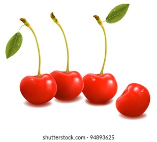 Sweet cherries with leaves. Vector.