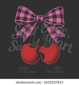 Sweet Cherries typography text print. Retro berry Print Design Vector with Slogan. Fashion graphic prints for fruit martini, Fashion slogan print. women's cute t-shirt print, vintage poster design.