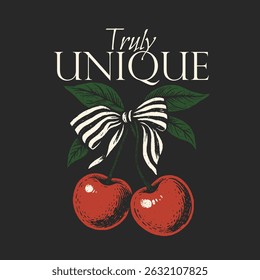 Impressão de texto com tipografia Sweet Cherries. Retro berry Print Design Vetor com Slogan. Moda impressões gráficas para martini de frutas, Moda slogan print. impressão de t-shirt bonito das mulheres, vintage design de pôster.