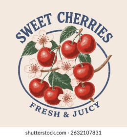 Sweet Cherries typography text print. Retro berry Print Design Vector with Slogan. Fashion graphic prints for fruit martini, Fashion slogan print. women's cute t-shirt print, vintage poster design.