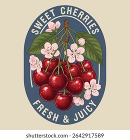 Sweet Cherries typography text print. Retro Cherry Print Design Vector with Slogan. Fashion graphic prints for cherries fruit, Fashion slogan print. womens cute t-shirt print, vintage poster design.