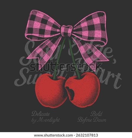 Sweet Cherries typography text print. Retro berry Print Design Vector with Slogan. Fashion graphic prints for fruit martini, Fashion slogan print. women's cute t-shirt print, vintage poster design.