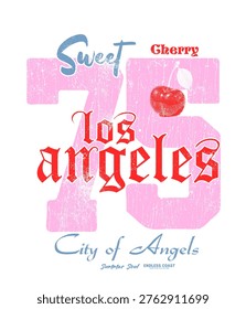 Sweet Cherry With 75 Number In College Font. Los angels City of Angels. Summer Fruit Print T-shirt Design. Girl's and Women's fashion Graphic. Vintage Retro Artwork 