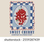 Sweet cherry artwork. Cherry fruit print. Nature fruit club print design. Cherry platter. Organic food artwork for for t-shirt. Fruit vintage t-shirt design. Start fresh day. Have a nice day.