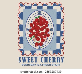 Sweet cherry artwork. Cherry fruit print. Nature fruit club print design. Cherry platter. Organic food artwork for for t-shirt. Fruit vintage t-shirt design. Start fresh day. Have a nice day.