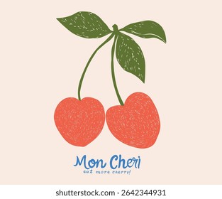 Sweet cherry artwork. Cherry fruit print. Cherry love. Organic food artwork for for t-shirt. Fruit vintage t-shirt design. Start fresh day.